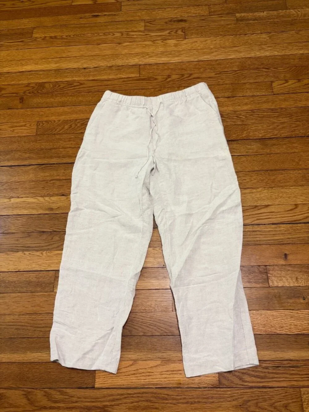 H&M Women's Cropped Pants Size Small Oatmeal Beige Linen Viscose Pull On Elastic